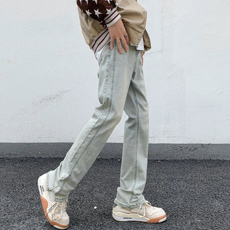 saferido Men's Blue High Street Micro La Jeans Fashion Men's Autumn New American Ruffian and Handsome Slim Long Pants