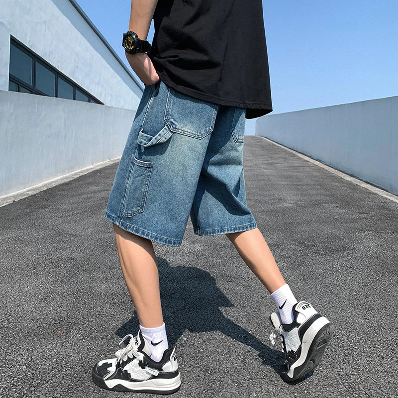 saferido Korean Style Summer Men's Blue Baggy Denim Shorts New Street Apparel Workwear Large Pocket Wide Leg Denim Shorts Blue