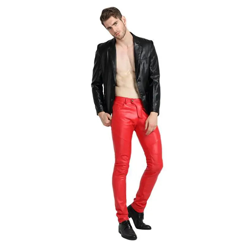 saferido new autumn Korean style multi-color handsome motorcycle pants casual trendy men's pants PU leather pants men's slim fit