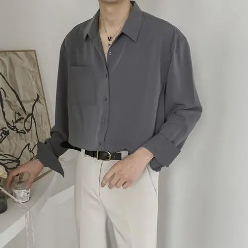 Mature Luxury Korean Clothes Loose Casual Long Sleeve Shirts for Men Spring Trend Ice Silk Drape Mens Shirts Top Quality