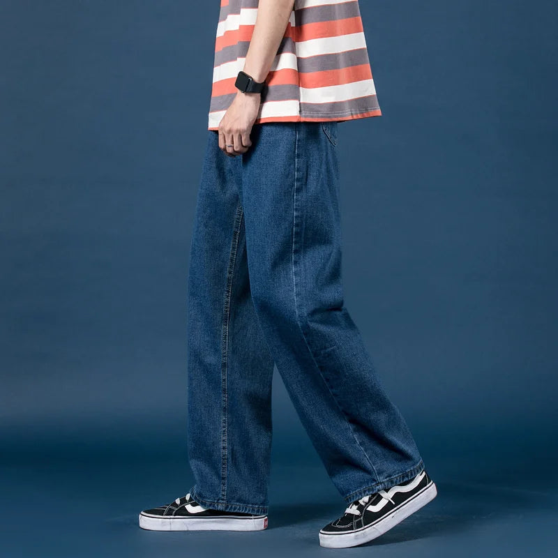 saferido Autumn Winter Men's Wide Leg Denim Pants Korean Fashion Luxury Top Quality Baggy Jeans Men Elastic Waist Mop Daddy Trousers