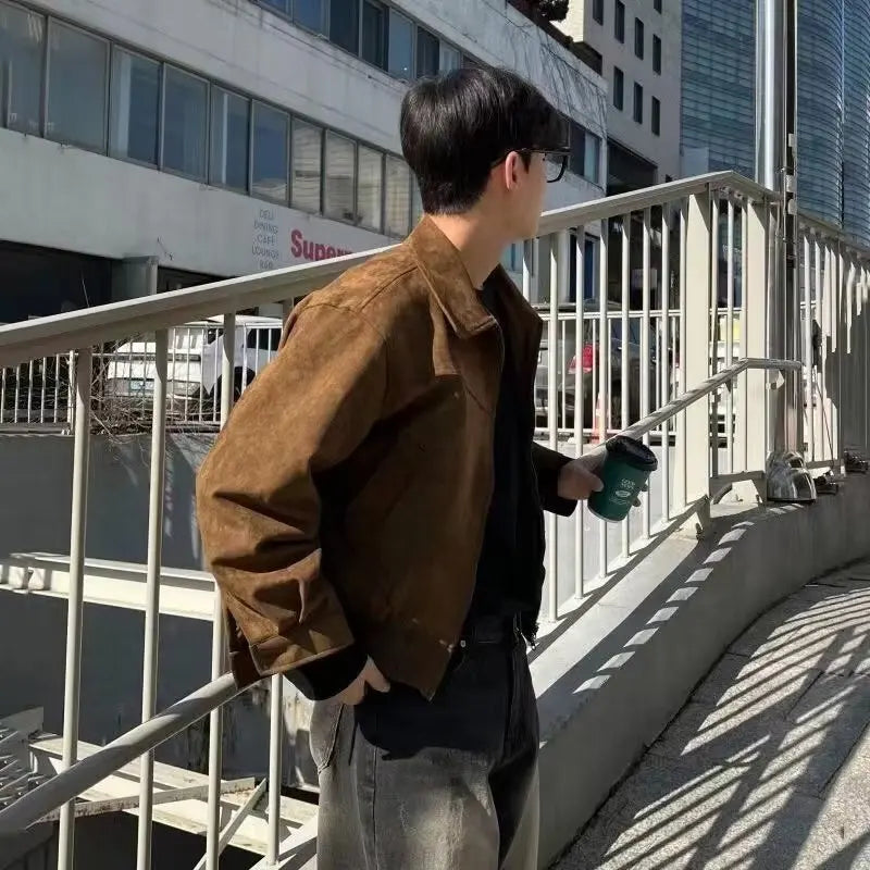 saferido New Men's Jackets Retro Brown Coffee Suede Jacket For Men Spring Autumn Fashion Vintage Short Flying Jacket High Street Coat