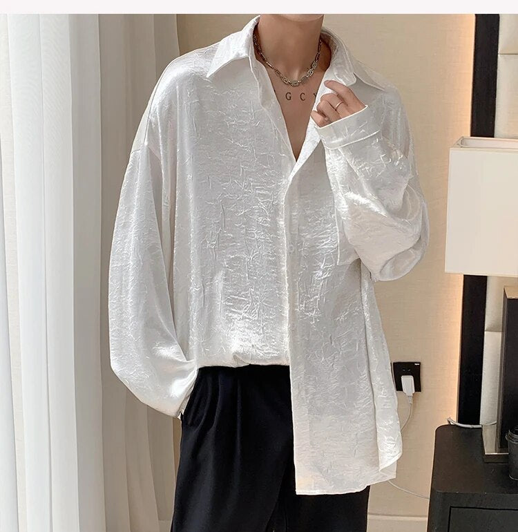 Autumn Fashion Button Up Silk Shirt High Quality Trend Blouse Men Black Gentlemen Long Sleeve Handsome Daily Loose Casual Shirts