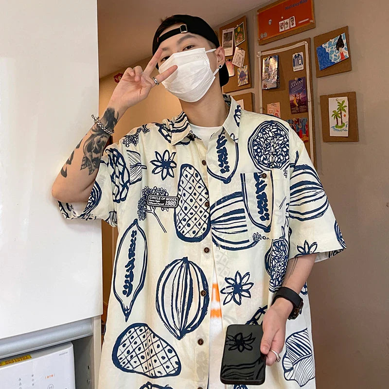 Print Shirts Men Fashion Streetwear Handsome Summer Half Sleeve Turn-down Collar Korean Style Teenagers Popular Youthful Hipster