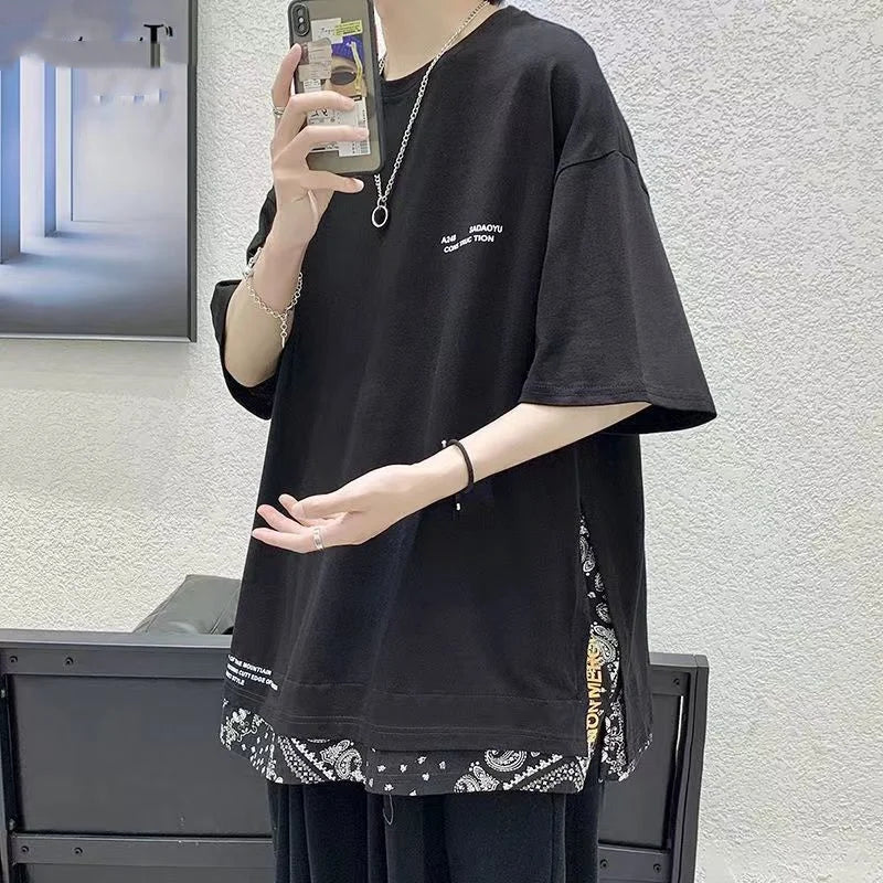saferido Street Casual Fashion Loose Pullovers Patchwork T-Shirts Short Sleeve Man Spring Summer Thin Hooded Round Neck Men's Clothing