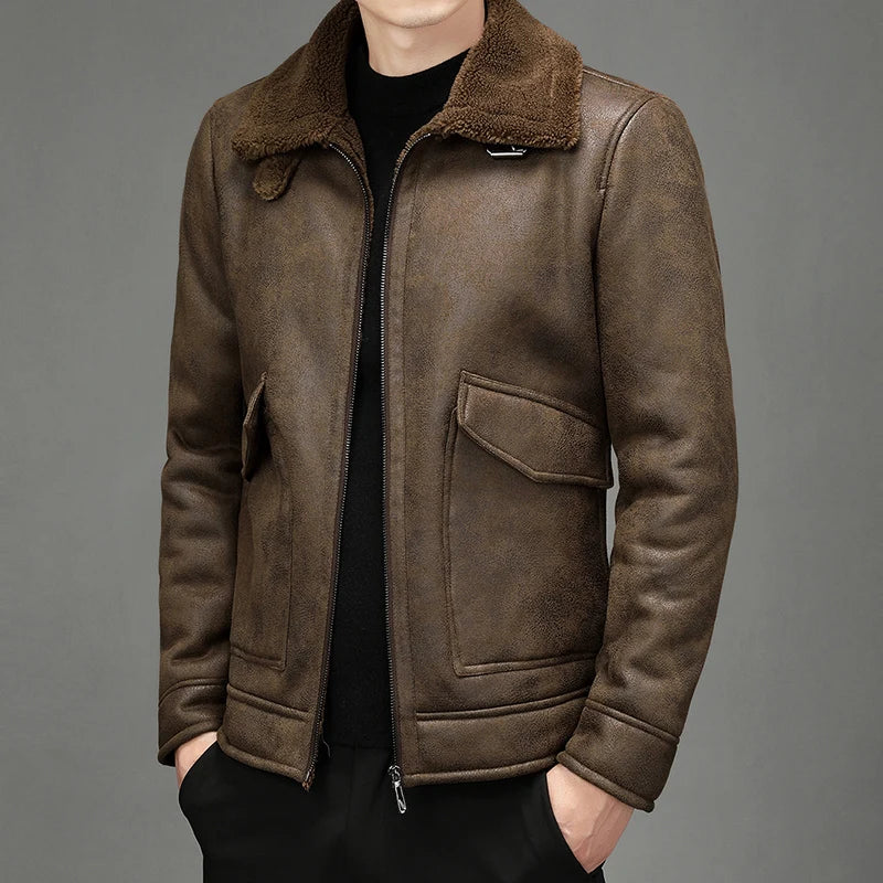 Jacket Plus Velvet Lapel Thick Warm Fashion Autumn Winter Men's Suede Boutique Imitation Leather Top Large Size PU Coats