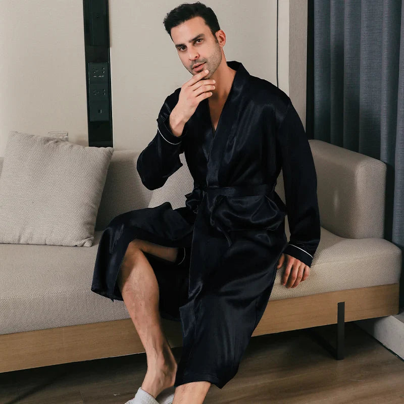 saferido Pajama men's spring and autumn silk thin style oversized pajamas long sleeved bathrobes ice silk bathrobes home clothing summer