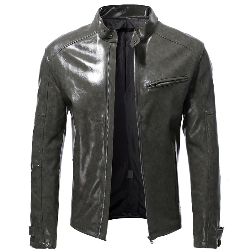 Men's Autumn New Shiny Leather Jacket Fashion Self-cultivation Stand-up Collar Motorcycle Suit PU Handsome Short Top S-5XL