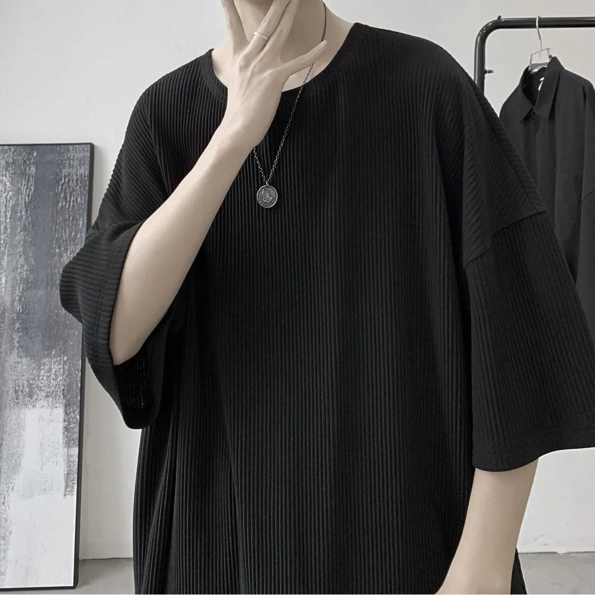 Summer Ice Silk T Shirt for Men Short Sleeve Solid Color Vertical Stripe American Loose Round Neck Half Sleeve Oversized T-shirt