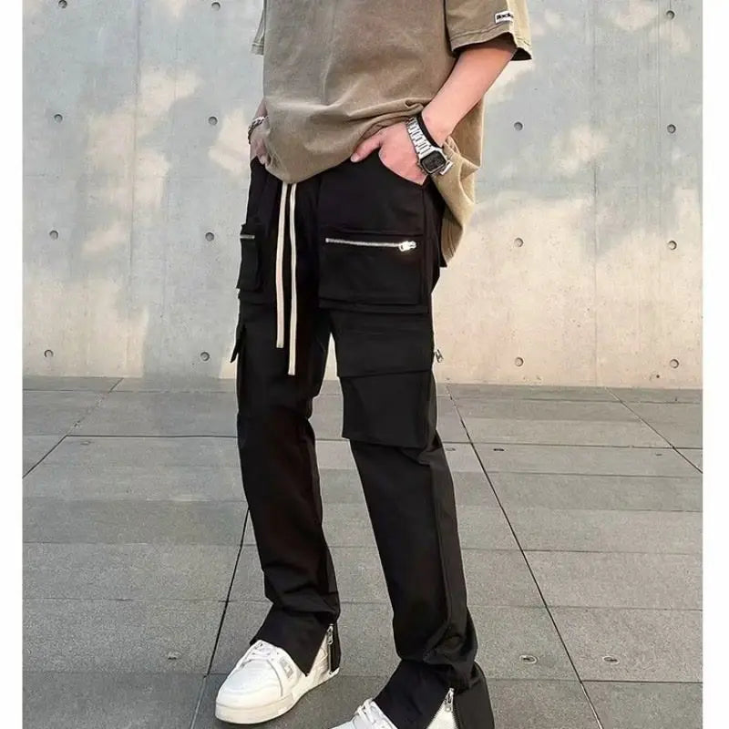 saferido Men's y2k street casual pans, men's zippered split spring and autumn men's straight fitting black European and American zippered