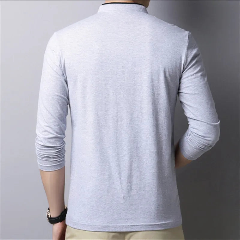 saferido New Spring Autumn T Shirt Men Cotton Long Sleeve Slim Fit Mens Tshirt Fashion MANDARIN COLLAR Solid Color Tops Tees Men Clothing