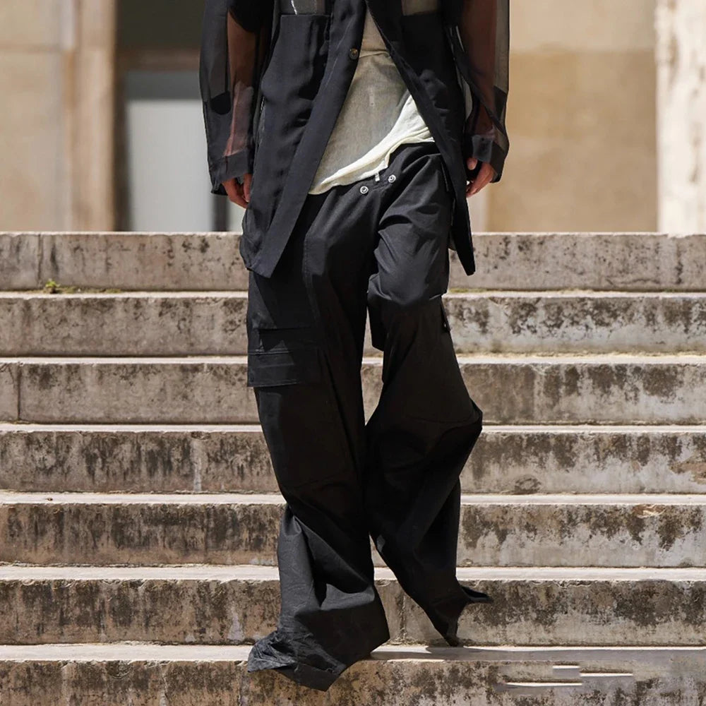 saferido Wide Leg Drawstring Black Cargo Pants Unisex Straight Baggy Casual Overalls Men's Streetwear Loose Oversized Trousers