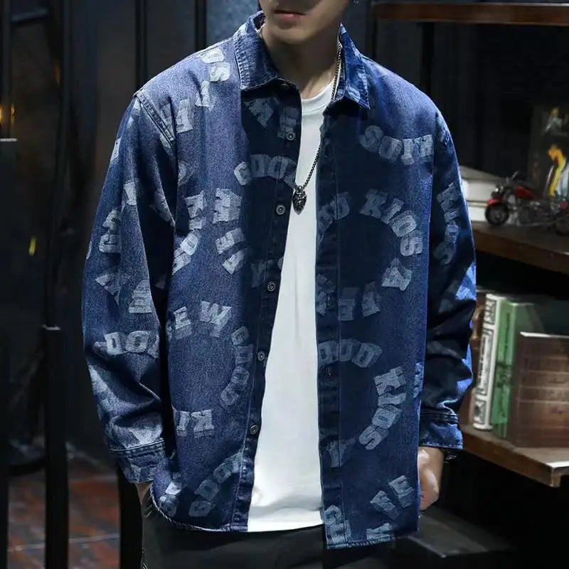 saferido Spring Autumn New Vintage Printing Turn-down Collar Long Sleeve Shirt Man Cotton Loose All-match Single Breasted Cardigan
