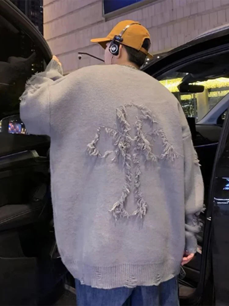 Solid Long Sleeve Hole Knitted Sweater Men Tassels O-neck Hooded Streetwear Man Autumn Winter Fashion New Men's Clothing
