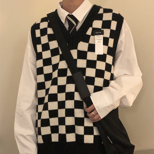 Autumn Arctic Velvet Checkerboard Pattern Men's Sweater Vest Retro V-neck Sleeveless Knit Vest Woolen Korean Clothes