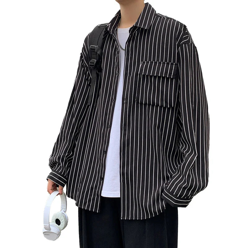 saferido Stripe Long Sleeve Shirt Japanese Streetwear High Quality Shirts Spring Autumn Harajuku Casual Coat Korean Clothes Men Clothing