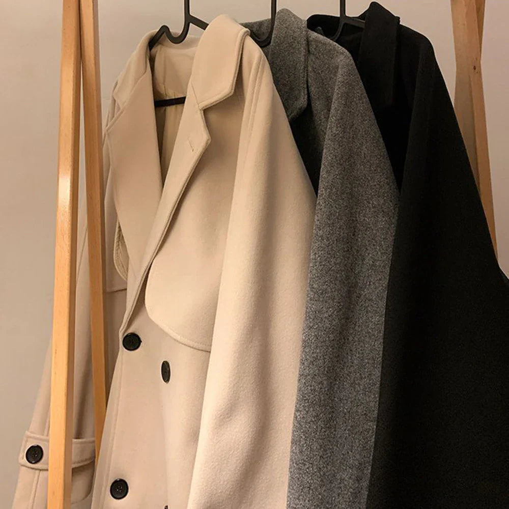 saferido Mens Gray German Woolen Coat Autumn Winter Mid-Length Thickened High-End Retro Elegant Handsome Comfortable Coat Oversize