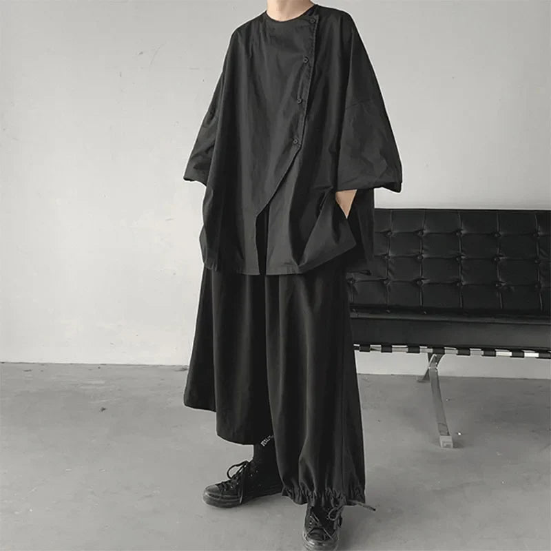 saferido Dark Style Oversize Shirt Men's Three-quarter Sleeve Top Niche Japanese Asymmetrical Profile Loose Short-sleeved Shirt