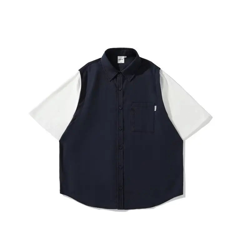 Summer Casual Men Set Japanese Patchwork Fake Two Half Sleeved Shirts+Pockets Cargo Pants 2-piece Set Couple Short Sleeve Suit