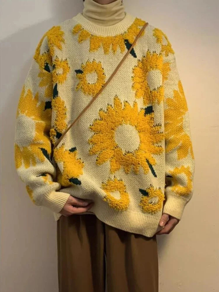 Flocking Floral Sweaters Men Baggy Spring Autumn Japanese Style Retro High Street Harajuku Knitwear Slouchy Ins