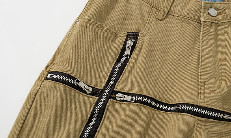 Cross Zipper Decorate Solid Black Mens Cargo Pants High Street Retro Straight Elastic Waist Casual Trousers Loose Overalls