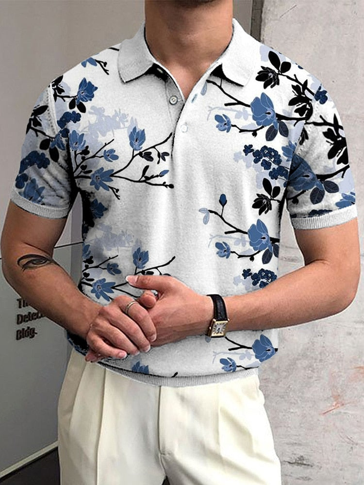 Pullover Tops Mens Fashion Turn-down Collar Button-up Polos Vintage Print Polo Shirt Men Summer Short Sleeve Casual shirts
