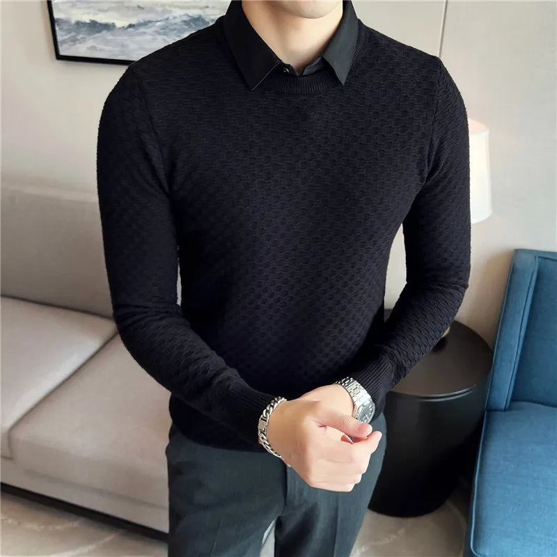 saferido Fake-2Pieces Top Quality Gentlemen Sweater Men Clothing Fashion Slim Fit Casual Knitted Pullovers Pull Homme Korean Style S-4XL