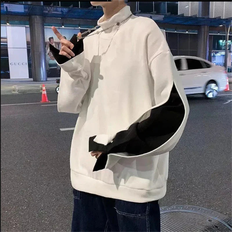saferido Men's High Collar Sweatshirt Patchwork Pullover Long Sleeve Spring Autumn Tops Loose Sweatshirts