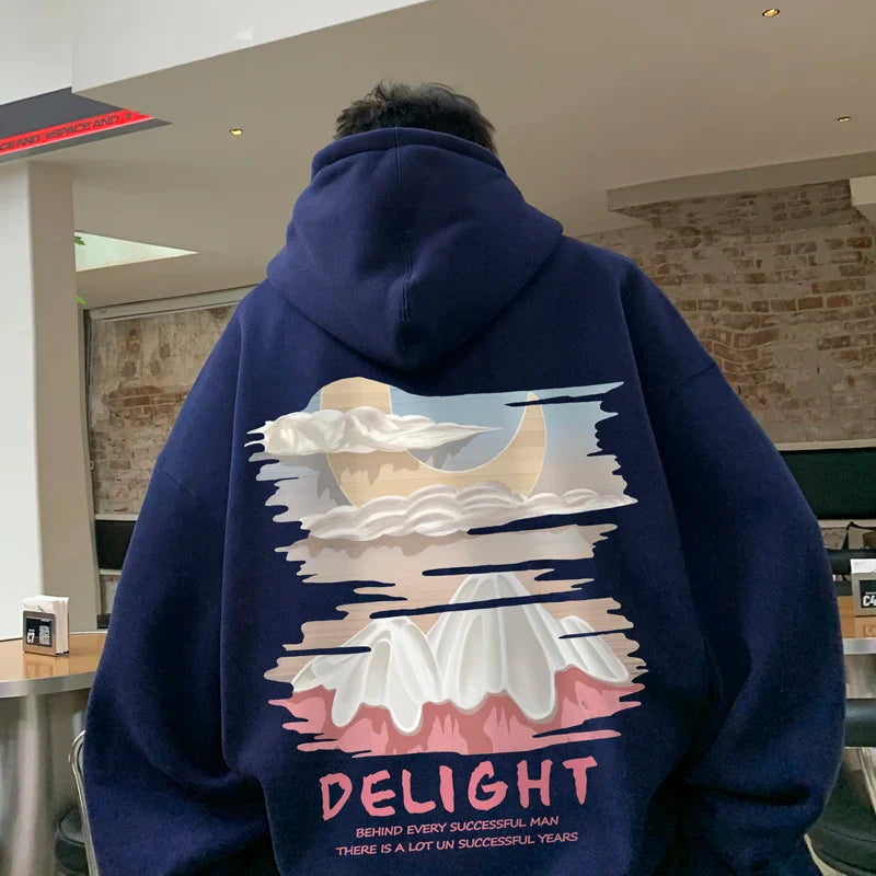 saferido Autumn New Men's Fashion Oversized Print Hooded Sweatshirt Trend Hip Hop American Retro Long Sleeve Sweatshirt