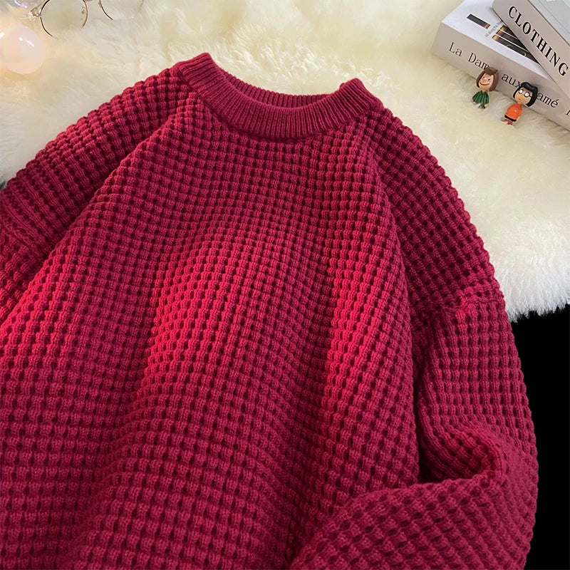 saferido Korean Solid Color Baggy Sweater Men's Knitting Pullovers Crew Neck Pullover Women Harajuku Knitwear Christmas Red Knitted