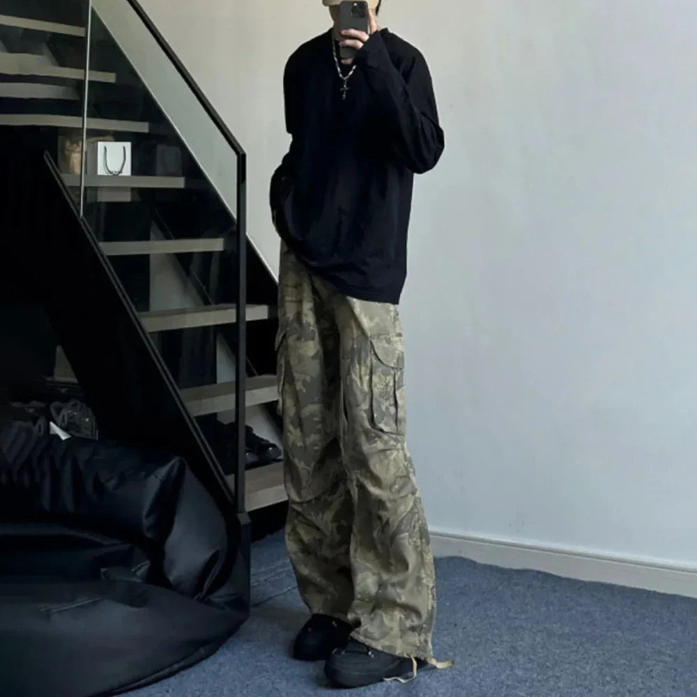 saferido Mens Y2k American Retro Pocket Camouflage Straight Pants Genderless Trendy Hip-Hop Workwear Style Loose Wide-Leg Pants Unisex