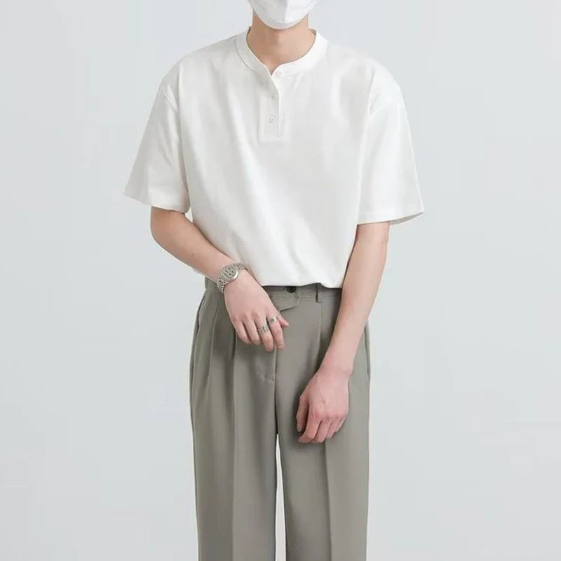 Men's Clothing Luxury Henry Collar T-Shirt Vintage Casual Button-down Solid Color Short Sleeve Tees for Men Breathable Leisure