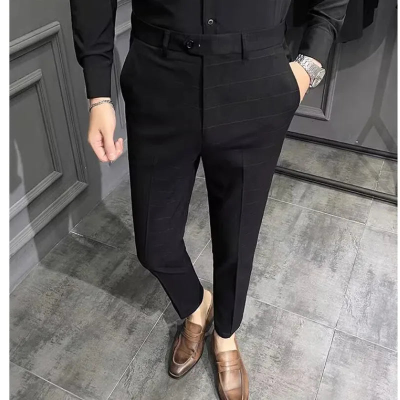 saferido Spring Summer New Plaid Dress Pants Men Clothing Business Formal Wear Slim Fit Office Trousers 36 38