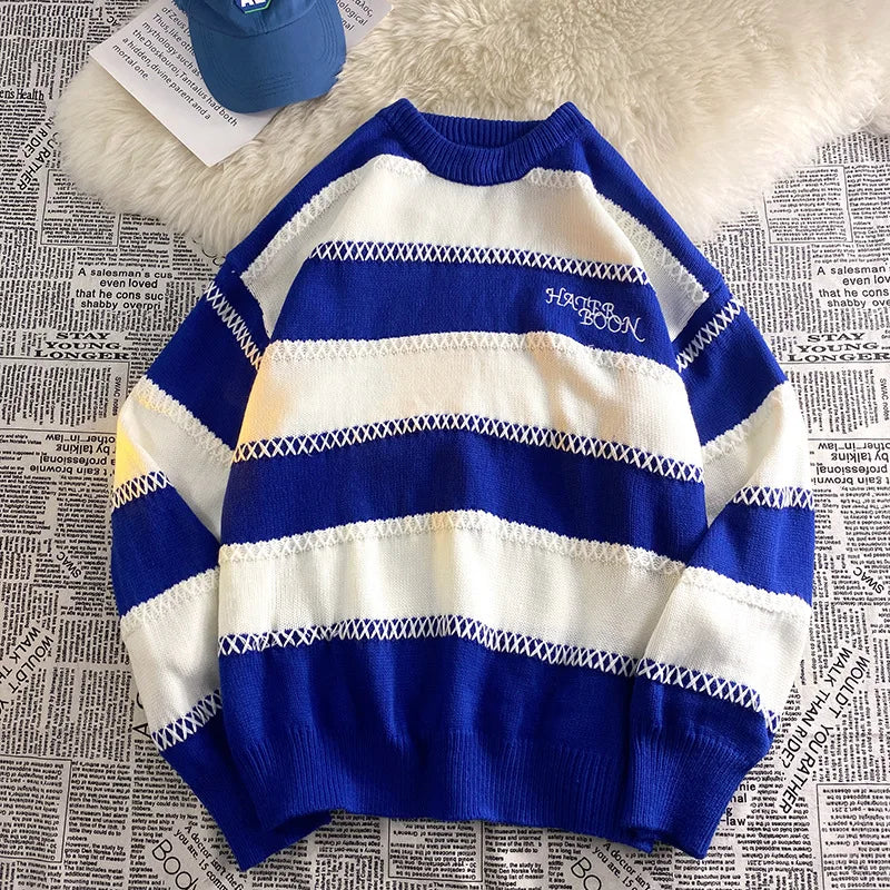 saferido Patchwork Striped Men's Knitted Sweater Blue Pullovers Punk Black Sweaters Male Oversize Korean Streetwear Hip Hop