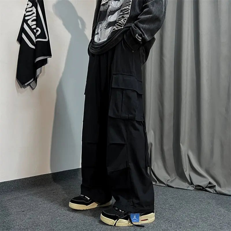 saferido Spring Autumn Solid Color Pockets Fashion Long Pants Men All Match Cargo Pants Casual Loose Trousers Pure Cotton Male Clothes