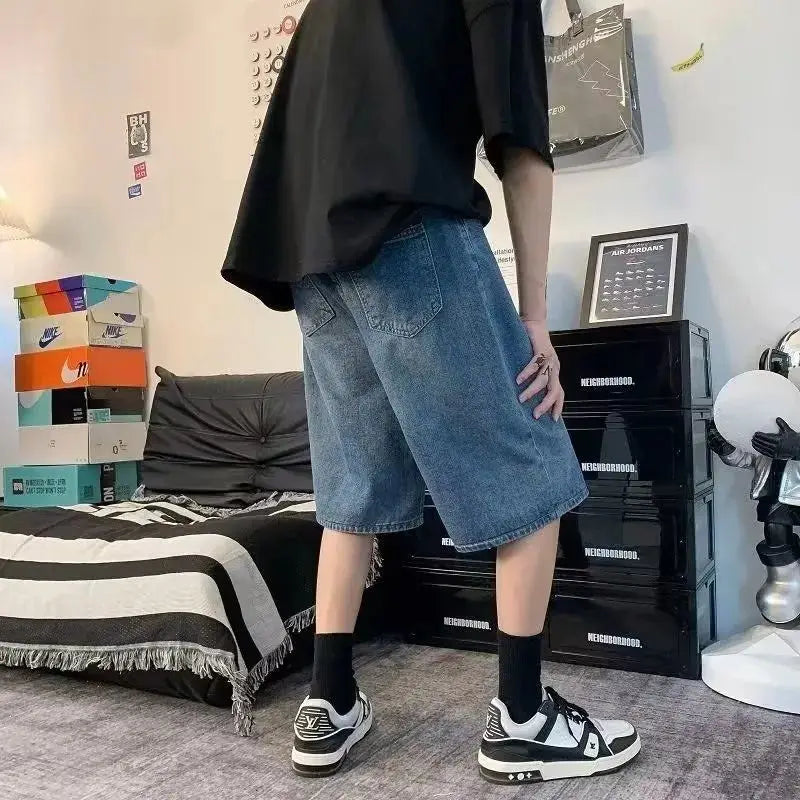 saferido Mens Y2k Casual Sports Denim Shorts 2024 Spring Summer New Genderless Streetwear Simple Solid Color Loose Jeans with Belt Unisex