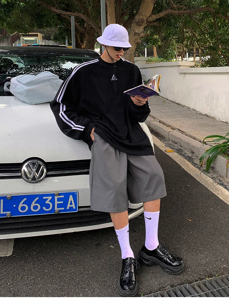 saferido Spring Summer Loose Casual Soft Grey Pleated Shorts for Men with High Waist Short Straight Pants Korean Clothes