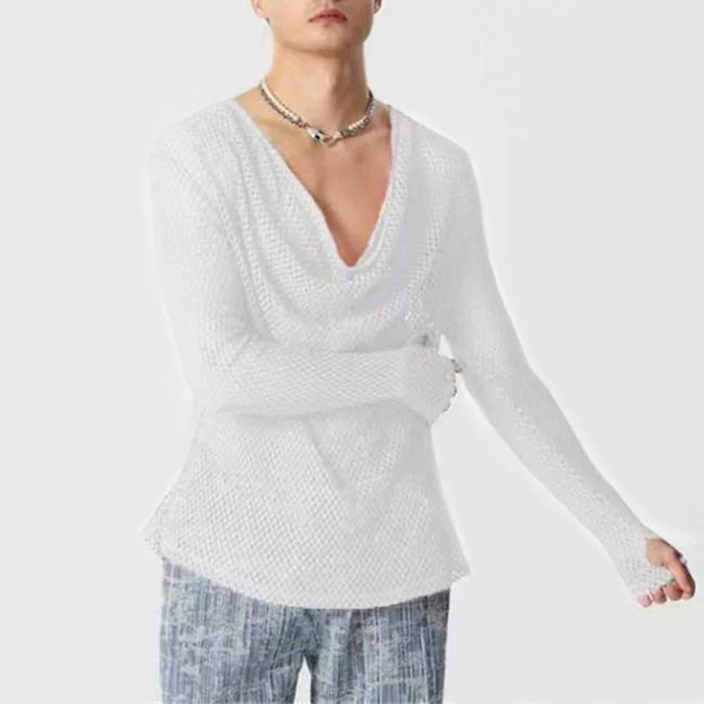 Mens Sexy See-Through Mesh Long-Sleeved Top New Genderless Nightclub Individuality Youthful Thin Low-Cut T-Shirt Unisex