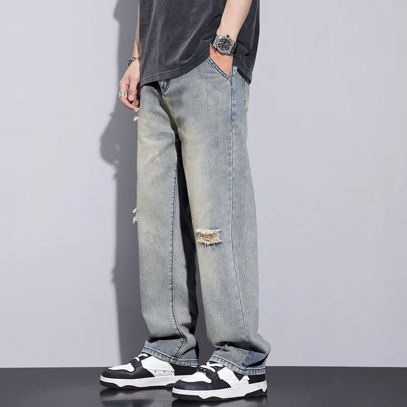 saferido Men's Clothing Y2k Baggy Jeans Spring/Summer New Man Pants American Trendy Hole Loose Leisure Straight Leg Wide Jeans for Men