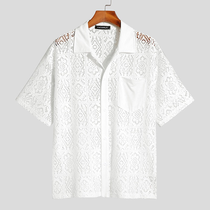 Fashion Casual Style New Men's Tops INCERUN Hollow Lace Pane Flower Printed Blouse Male Knitted Short-sleeved Shirts S-5XL