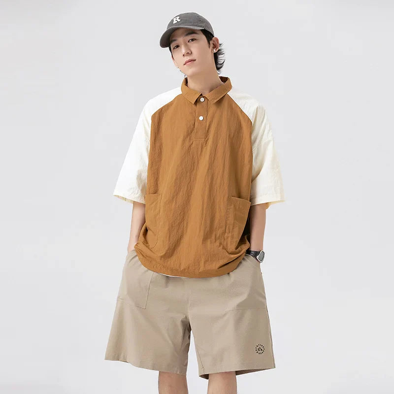 saferido Couple Japanese Shirt Harajuku Oversized Short Sleeve Shirt for Men Women Hawaiian Contrast Stitching Polo Geometric Streetwear