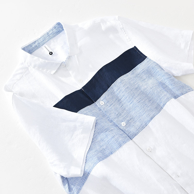 Pure Linen Short Sleeve Shirt for Men Summer New Japan Fashion Tops Male Breathable Vintage Striped Patchwork Button Up Shirt