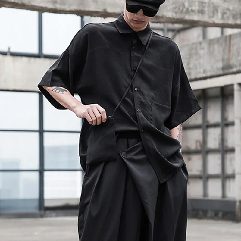 saferido Black Oversized Short Sleeve Shirt Men's Korean Style Drop Shoulder Shirt Harajuku Loose Single Breasted Shirt