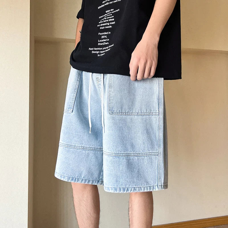 saferido Summer New High Street Casual Versatile Denim Capris Elastic Waist Men's Korean Style Loose Wide Leg Large Pocket Shorts