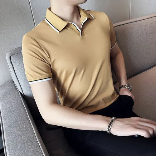 saferido Summer New Style Men's Casual Slim Fit Short Sleeve Solid Color POLO Shirt British Slim Lapel Color Blue T-shirt Polo S-4XL