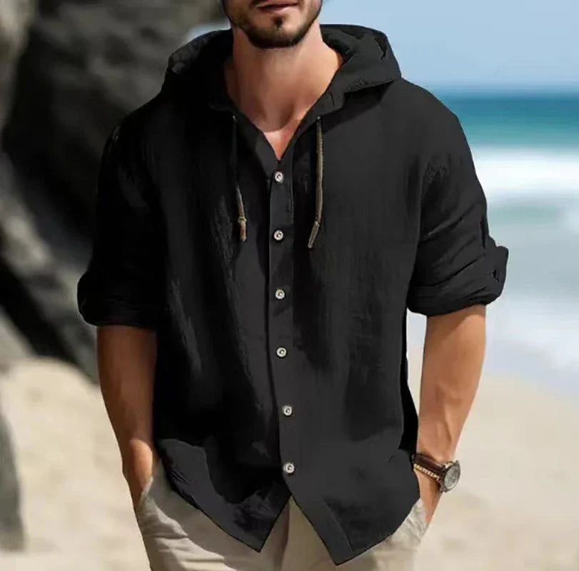 Summer Men Cotton Linen Shirt Solid Streetwear Long Sleeve Hoodie Cardigan Clothing For Male Tops Casual Loose Button Man Shirts