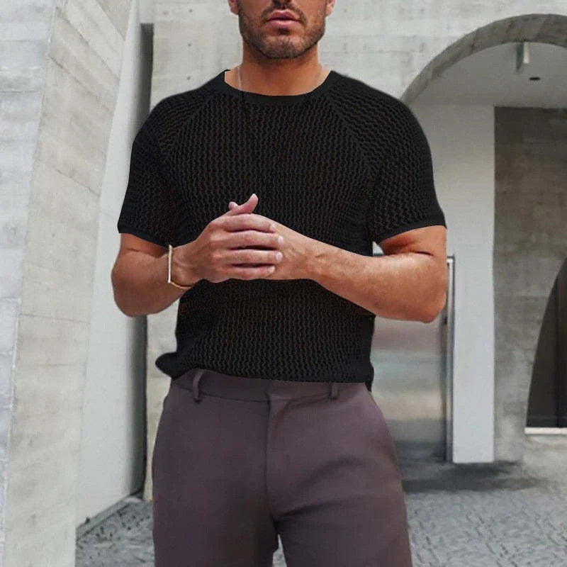 New Fashion Solid Color Hollow Knit T-shirts Men Spring Summer Leisure O Neck Basic Tops Mens Clothing Casual Short Sleeve Tees
