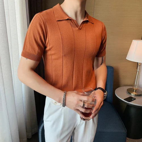 British Style POLO Shirts Men Knitting Short Sleeve Shirts Solid Color Lapel Business Casual Top Summer Social Clothing