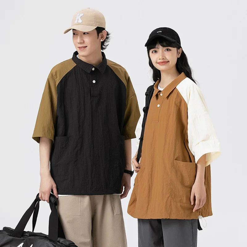 saferido Couple Japanese Shirt Harajuku Oversized Short Sleeve Shirt for Men Women Hawaiian Contrast Stitching Polo Geometric Streetwear