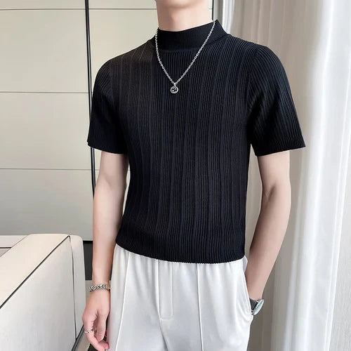 saferido Korean style Tees Men Summer Casual Knit T-shirts/Male slim fit stripe High neck knitting T-shirt 4XL